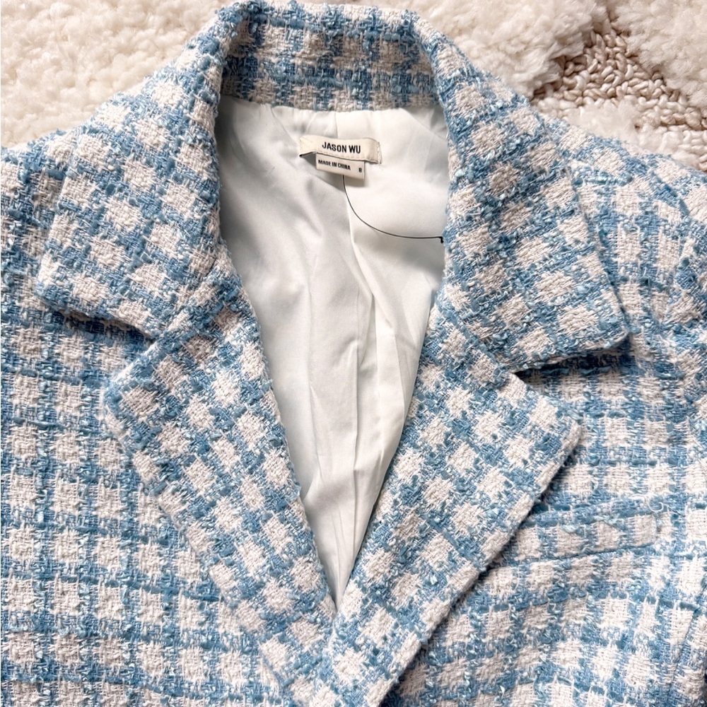 Jason Wu tweed crop plaid check blue white blazer 8 - Picture 2 of 9